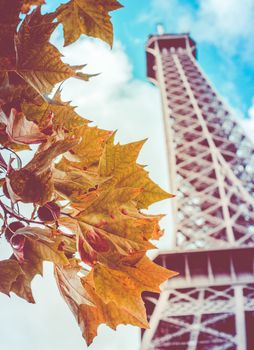 Retro Filter Photo Of The Eiffel Tower In Paris With Fall Leaves