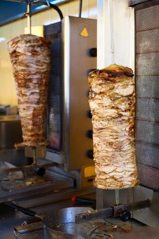 Grilled meat used for making a traditional greek gyros stuffed sandwich