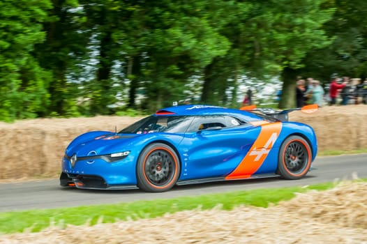Goodwood, UK - July 1, 2012: The 395bhp Renault Alpine concept supercar on the hill course at Goodwood, UK