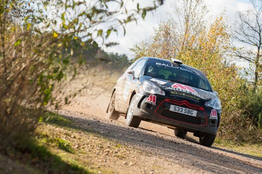 Aldershot, UK - November 3, 2012: Callum Black driving a Citroen DS3 on the Pavillion stage of the MSA Tempest Rally near Aldershot, UK