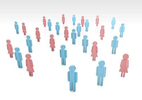 3D rendering of a group of distant man and women