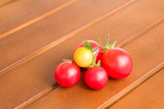 Photo shows a detail of the colourful tomatoes on a table.