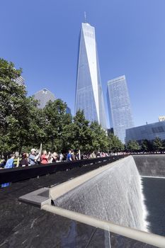 New York City, USA - September 27, 2014 : NYC's September 11 Memorial  in New York Downtown. The memorial was dedicated on the 10th anniversary of the Sept. 11, 2001 attacks.