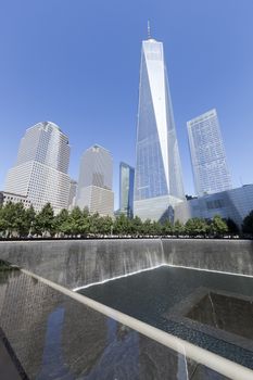 New York City, USA - September 27, 2014 : NYC's September 11 Memorial  in New York Downtown. The memorial was dedicated on the 10th anniversary of the Sept. 11, 2001 attacks.