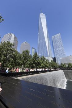 New York City, USA - September 27, 2014 : NYC's September 11 Memorial  in New York Downtown. The memorial was dedicated on the 10th anniversary of the Sept. 11, 2001 attacks.