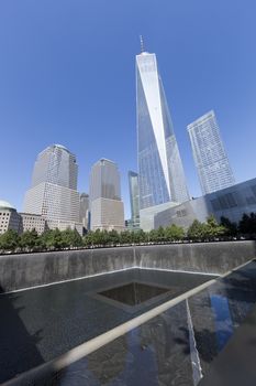 New York City, USA - September 27, 2014 : NYC's September 11 Memorial  in New York Downtown. The memorial was dedicated on the 10th anniversary of the Sept. 11, 2001 attacks.