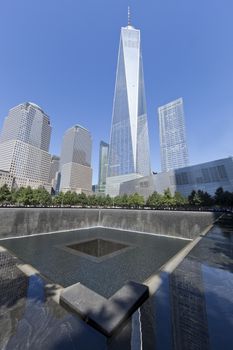 New York City, USA - September 27, 2014 : NYC's September 11 Memorial  in New York Downtown. The memorial was dedicated on the 10th anniversary of the Sept. 11, 2001 attacks.