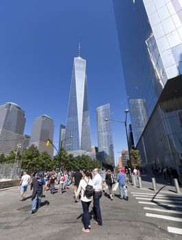 New York City, USA - September 27, 2014 : NYC's September 11 Memorial  in New York Downtown. The memorial was dedicated on the 10th anniversary of the Sept. 11, 2001 attacks.