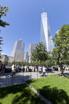 New York City, USA - September 27, 2014 : NYC's September 11 Memorial  in New York Downtown. The memorial was dedicated on the 10th anniversary of the Sept. 11, 2001 attacks.