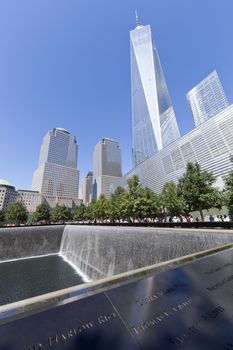 New York City, USA - September 27, 2014 : NYC's September 11 Memorial  in New York Downtown. The memorial was dedicated on the 10th anniversary of the Sept. 11, 2001 attacks.