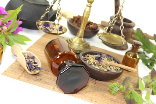 Chinese medicine with plants and scale on a light background