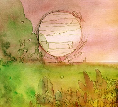 Abstract painted original watercolor and ink pen background texture - sun landscape. 