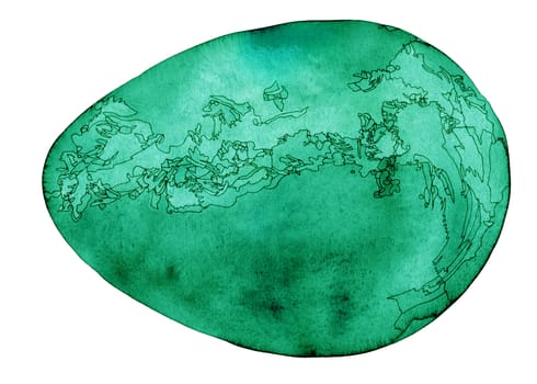 Cosmic egg watercolor and ink painting in emerald green. 