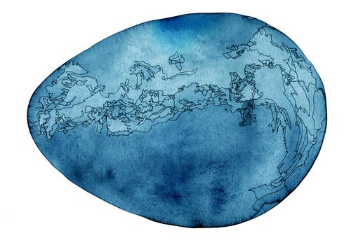 Cosmic egg watercolor and ink painting in blue