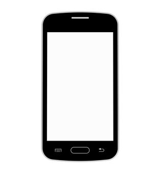 Black mobile phone with blank screen, smartphone, 3D render, isolated on white