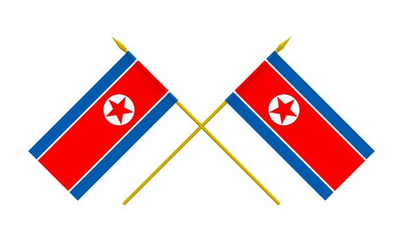 Two crossed flags of North Korea, 3d render, isolated on white