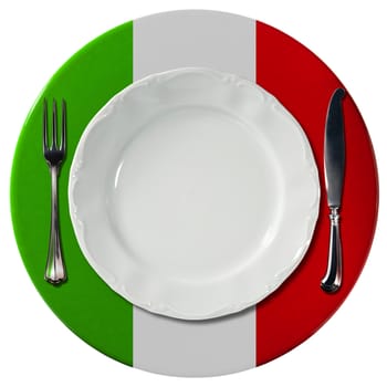 Concept of Italian cuisine with white plate and under plate colored with the colors of Italian flag and silver cutlery isolated on white background