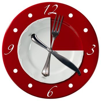 Clock composed by a white plate and a red underplate with fork and knife in the place of the clock hands. Lunch time concept