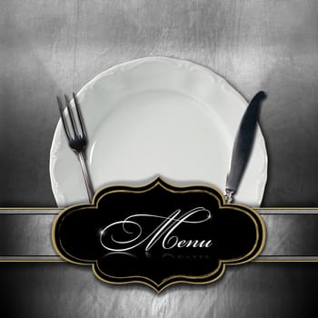 Restaurant menu with empty white plate and silver cutlery, on metallic background with horizontal band and empty black label
