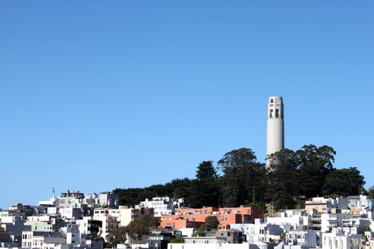 Coit Tower viewed from Lombard Street in San Francisco, California