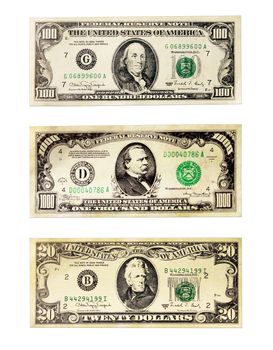 Banknotes of the American dollars face value 20, 100 and 1000 dollars isolated on a white background