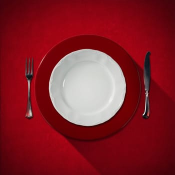 Empty and white plate with red underplate on red velvet background with silver cutlery, fork and knife