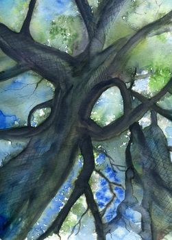 Tree crown watercolor painting with foliage and sky