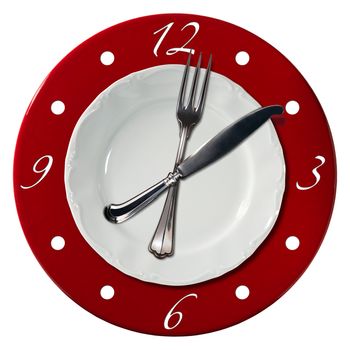 Clock composed by a white plate and a red underplate with fork and knife in the place of the clock hands. Lunch time concept