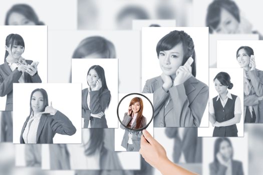 Concept of human resources, choose the right person from the people screen wall.