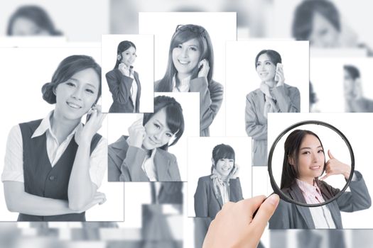 Concept of human resources, choose the right person from the people screen wall.