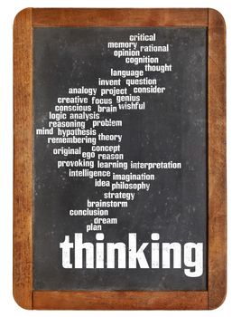 thinking word cloud on a vintage blackboard isolated on white