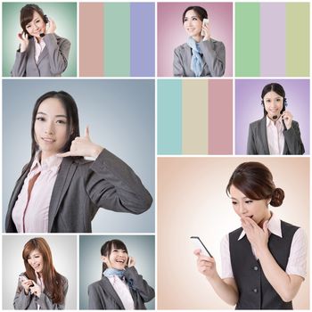 Collection of Asian business woman talk and listen, concept about connect, social media, group, speak etc.