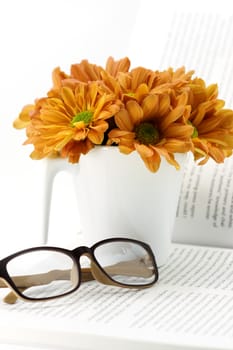 orange chrysanthemum on book
