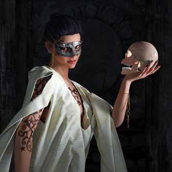 Beautiful sexy witch in mask with skull halloween background