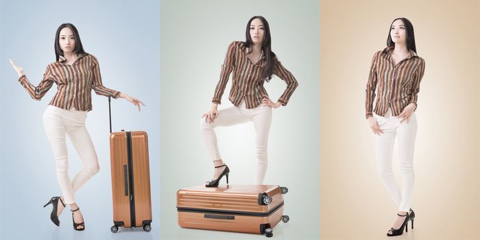 Travel concept with Asian beauty with a luggage in a set.