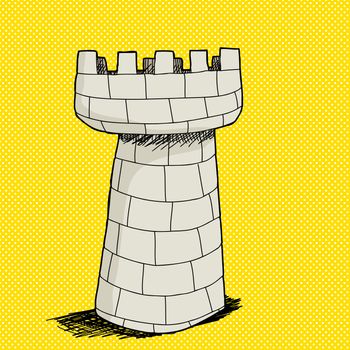 Hand drawn stone castle tower over yellow halftone background