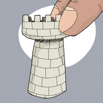 Fingers holding chess rook piece over halftone background