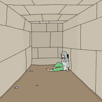 One depressed vagrant sitting on ground in corridor