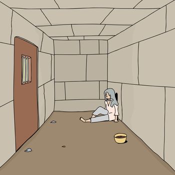 Sad man sitting in stone prison with pot