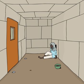 Sad old man sitting on dirt floor in prison