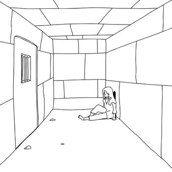 Outline of man sitting in prison cell