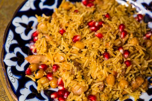 Oriental shah pilaf, pilaw, plov, rice with meat in pastry filo, delicious fragrant spicy dish