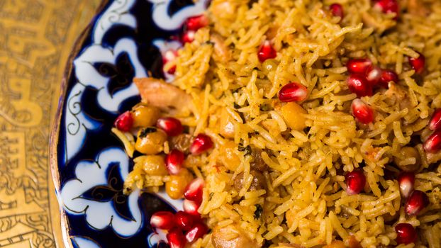 Oriental shah pilaf, pilaw, plov, rice with meat in pastry filo, delicious fragrant spicy dish