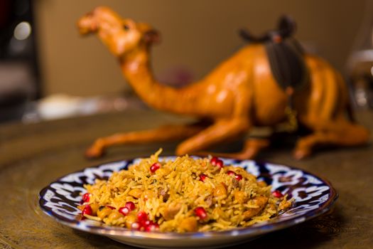 Oriental shah pilaf, pilaw, plov, rice with meat in pastry filo, delicious fragrant spicy dish