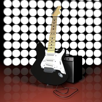 Electric guitar leaning against an amp, with circular lights on the back, 3d render