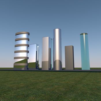 Town with many skyscrapers, 3d render, square image