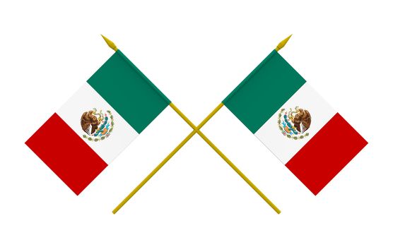 Two crossed flags of Mexico, 3d render, isolated on white
