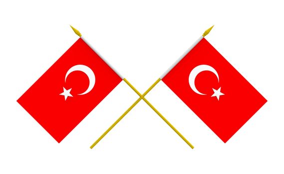 Two crossed flags of Turkey, 3d render, isolated on white