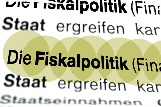Text auf Seite "Fiskalpolitk" mit markierung horizontale Nahaufnahme