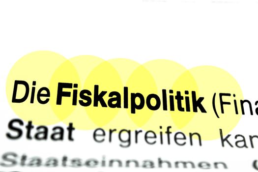 Text auf Seite "Fiskalpolitk" mit markierung horizontale Nahaufnahme